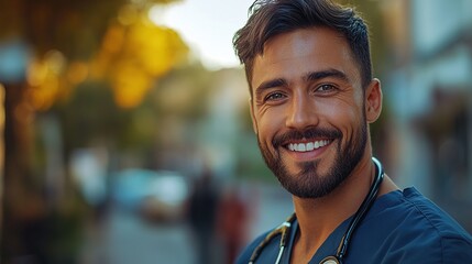 Fototapeta premium man caregiver male nurse or healthcare worker outdoors on the way to work looking at camera