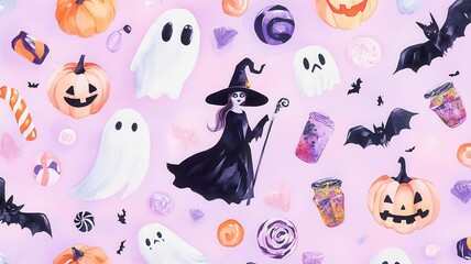 Watercolor halloween set of isolated hats, bats and pumpkins Halloween motifs, a witch magical goods,a black cat on the white background,Halloween clipart,copy space for text.