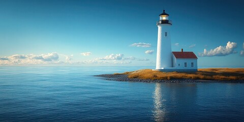 white lighthouse on the serene coast of Cape Cod, Massachusetts. This iconic beacon overlooks tranquil New England waters. coastal charm of a summer day