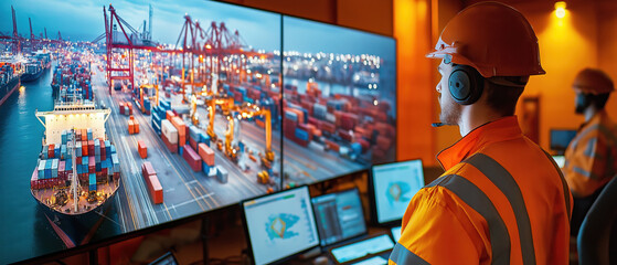 A port worker monitors cargo operations from a control room with advanced technology and large screens showing shipping activities.
