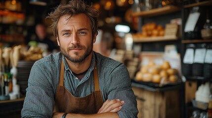 Fototapeta premium man in small business working in his bistro phone calling to supplier young male business owner