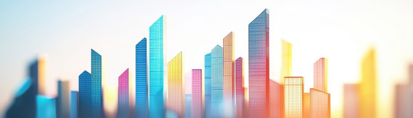 Obraz premium Colorful city skyline with modern skyscrapers, soft focus.