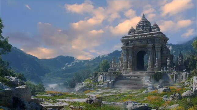 Majestic stone tower or gateway set against a backdrop of rugged mountains and a vibrant sky, evoking a sense of mystery and adventure, with a pointed arch entrance and ornate detailing