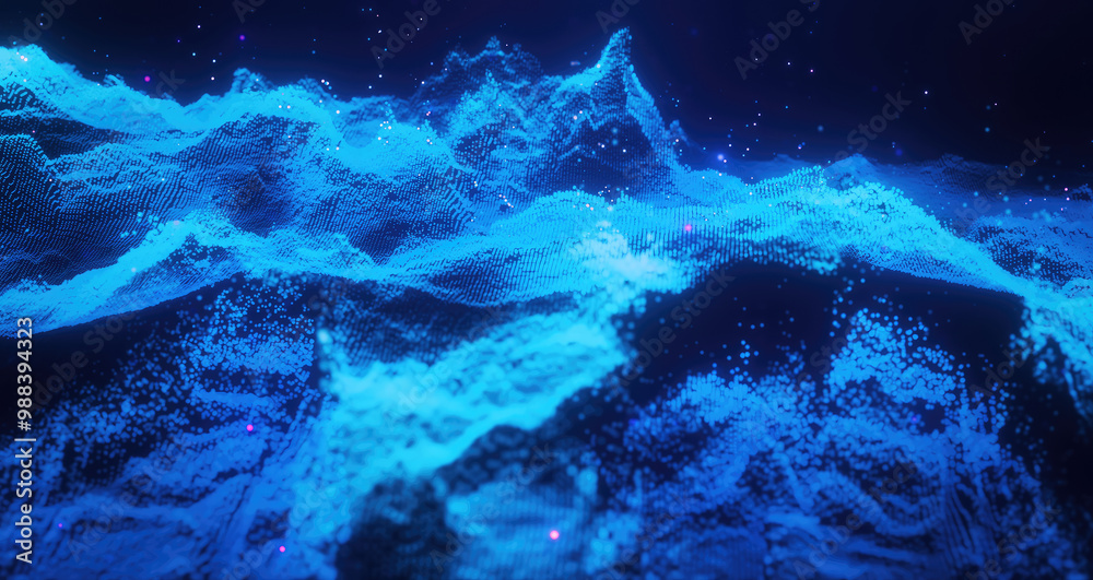 Wall mural abstract moving futuristic landscape of particles and dots of energy magic with glow and blur effect