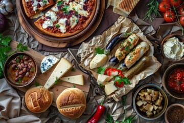 Traditional Georgian Lunch Set with Red Beans Lobio, Eggplant Pepper Rolls and Cheese Plate Top View