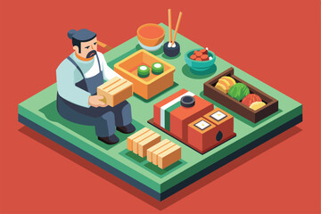 A chef is seen preparing sushi with various ingredients in a vibrant kitchen environment, showcasing creativity and culinary skill.