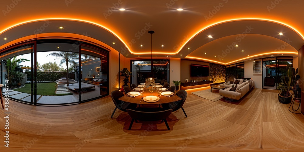 Sticker An immersive 360-degree equirectangular panorama of a contemporary dining area in a modern house, with LED strips suspended