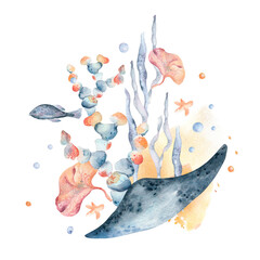 Underwater nature illustration with whimsical sea flora and ocean creatures on watercolor stain. Tropical bright ocean world with ray fishes and seaweeds hand drawn in soft orange pink. Summer design © Ekaterina Lanbina