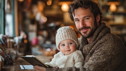 Obraz premium man with notebook in cafe drinking coffee holding his son