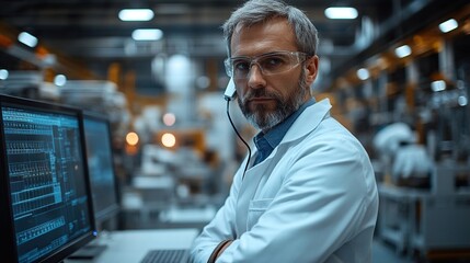 Fototapeta premium manager standing by computer in modern industrial factory making phone call manufacturing facility with robotics robotic arms, automation storing products, materials in warehouse