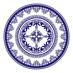 Beautiful blue and white round Kazakh national ornament. Ethnic pattern of the Kazakh, Mongols, Kyrgyz, Buryats. Circle, frame border. For round surfaces, household utensil, textile, embroidery, yurts
