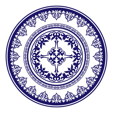 recommend clip art: Beautiful blue and white round Kazakh national ornament. Ethnic pattern of the Kazakh, Mongols, Kyrgyz, Buryats. Circle, frame border. For round surfaces, household utensil, textile, embroidery, yurts
