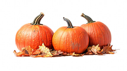 three pumpkins placed on dead leaves as decoration for halloween - white background