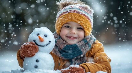Happy child hugging snowman during snowfall in winter
