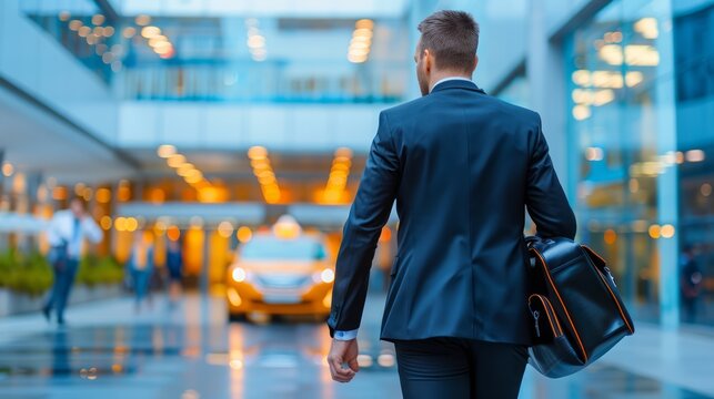 Businessman exiting a sleek, modern office building and heading towards a waiting taxi, symbolizing the professional aspect of business travel