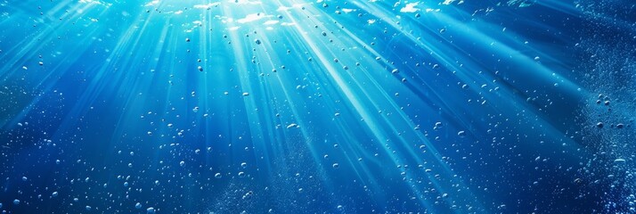 Obraz premium Underwater Sun Rays, Deep Water Sunlight, Under Sea Sunbeams Background, Blue Ocean Bottom