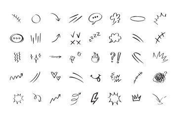Doodle hand drawn cute cartoon expression sign. Line curve arrows, emoticon elements, symbols