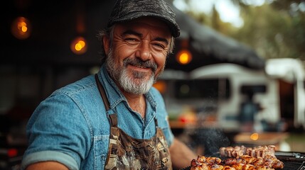 mature man preparing barbecue at campsite outdoors caravan family holiday trip