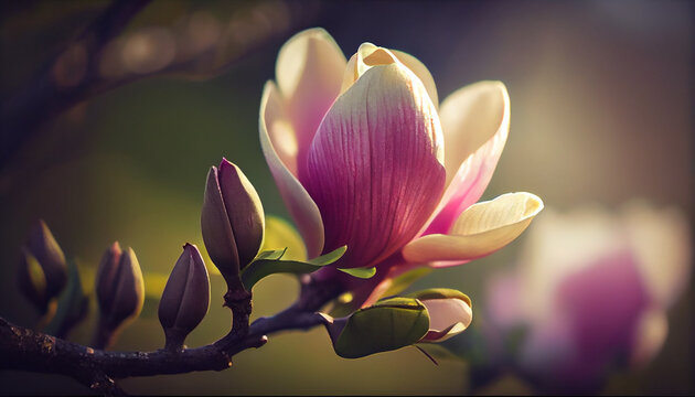 Beautiful blooming magnolia flower on branch, spring fresh air morning after rain. Natural sunlight bokeh. Generative AI