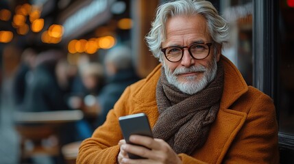 mature man with coffee, smartphone at the table in cafe
