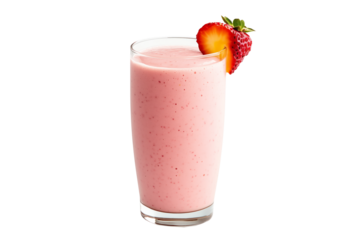 A strawberry smoothie in clear glass with fresh strawberry garnish, isolated on white background.