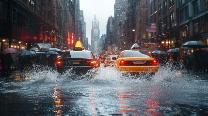 Yellow cabs driving on flooded street in new york city