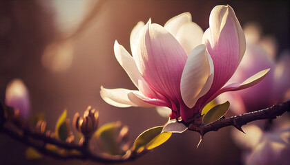 Beautiful blooming magnolia flower on branch, spring fresh air morning after rain. Natural sunlight bokeh. Generative AI