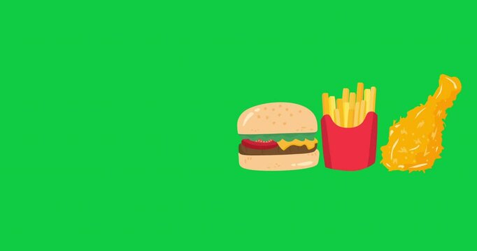 animation fast food elements concept with french fries burger