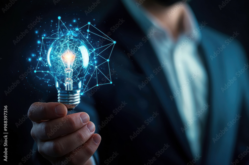 Poster businessman holding lightbulb connected with digital network concept of innovation and creativity id