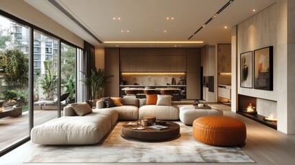 Modern living room with cozy furniture and natural light.