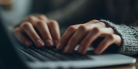 Hands engaged in typing on a keyboard, softly blurred computer screen in the background, conveying focus and productivity.