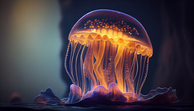 Beautiful colorful aquarium jellyfish, transparent isolated fish. Underwater sea life, close-up. Generative AI