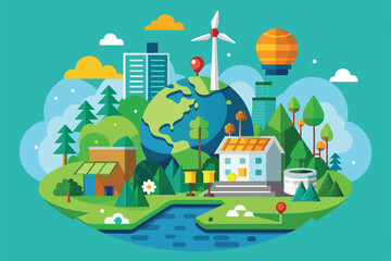 A vibrant illustration depicts a sustainable community with wind turbines, a river, and flourishing greenery, emphasizing eco-friendly living and renewable energy sources.