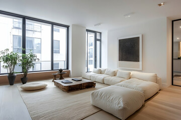 Modern Living Room Interior Design with Large Windows and Light Wood Floors