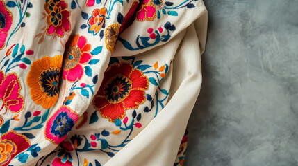 A beautiful, hand-embroidered blouse with intricate floral designs, draped on the left side of the frame., cope space