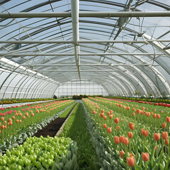 Rows of vibrant tulips in various colors, neatly arranged in the greenhouse.