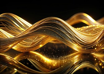 Luminous gold threads weave together in a mesmerizing dance, as fluid waveforms undulate across the surface, creating a richly textured and hypnotic visual experience.