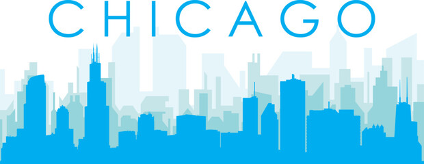 Blue panoramic city skyline poster with bluish misty transparent background buildings of CHICAGO, UNITED STATES