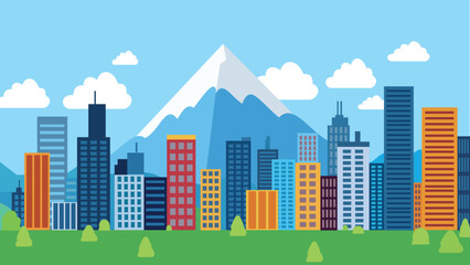 Beautiful Landscape of City Building Cityscape with Mountain in Bright Sky