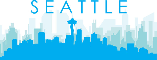 Obraz premium Blue panoramic city skyline poster with bluish misty transparent background buildings of SEATTLE, UNITED STATES