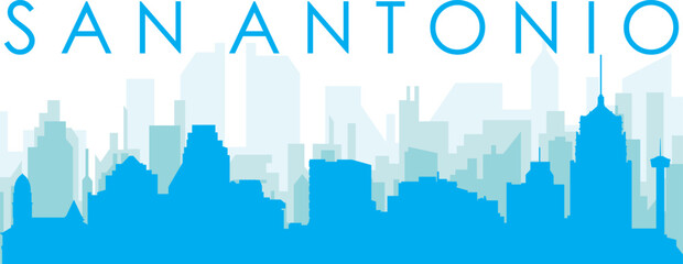 Obraz premium Blue panoramic city skyline poster with bluish misty transparent background buildings of SAN ANTONIO, UNITED STATES