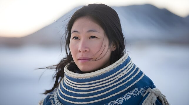 A 30-year-old Inuit woman with black hair. She is wearing the traditional Inuit sun ruff clothing. The background is a snowy landscape with mountains. 