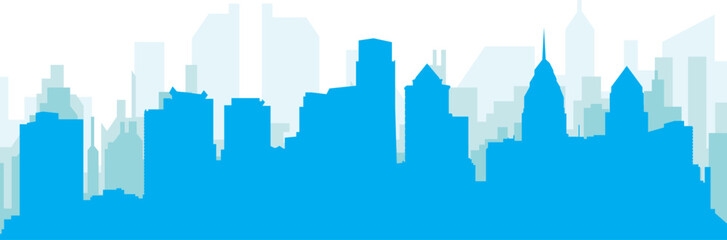 Blue panoramic city skyline poster with bluish misty transparent background buildings of PHILADELPHIA, UNITED STATES