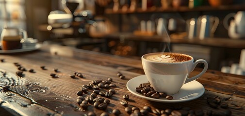 A warm cup of coffee with beans scattered on a rustic wooden table, capturing the essence of a cozy cafe experience.