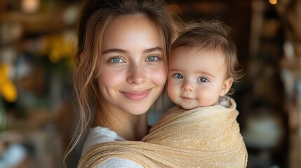 Obraz premium mother holding small baby while ironing carrying him around house in baby wrap unconditional paternal love mother day concept