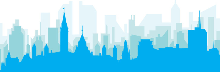 Blue panoramic city skyline poster with bluish misty transparent background buildings of OTTAWA, CANADA