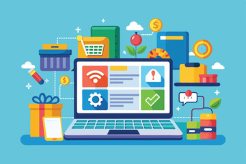 A laptop displaying an ecommerce checkout interface filled with customizable icons, showcasing shopping items and payment options.