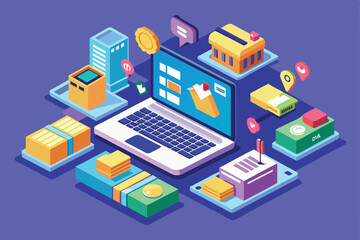 Obraz premium A customizable ecommerce checkout process is showcased on a laptop, featuring various interface elements and products arranged in an isometric layout.