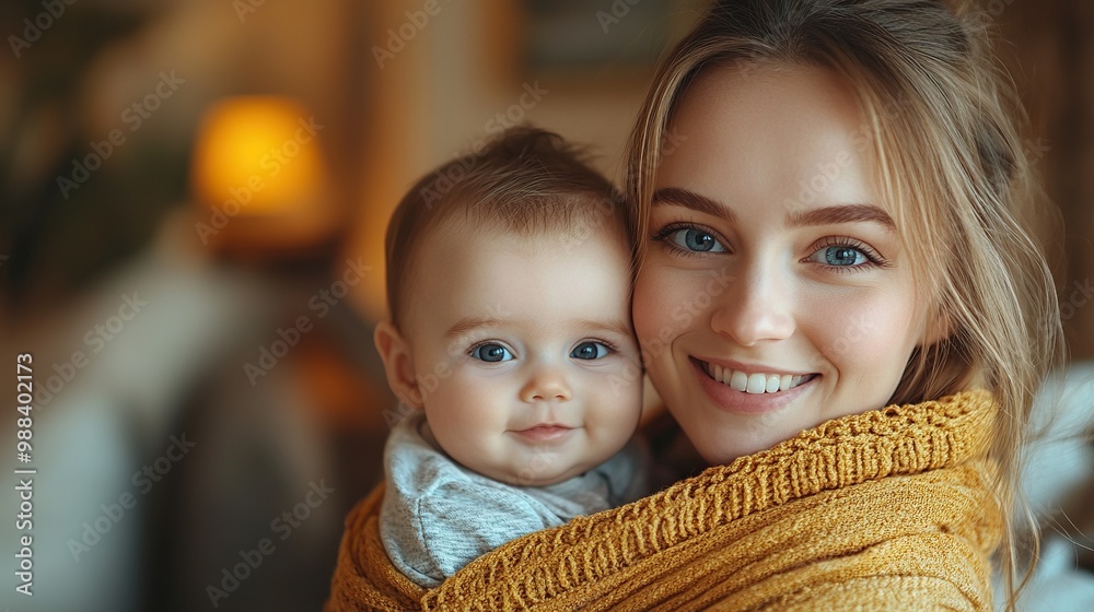 Canvas Prints mother holding small baby while vacuuming floor carrying him around house in baby wrap household chores