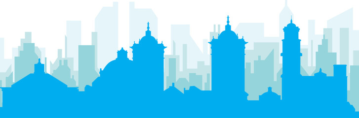 Fototapeta premium Blue panoramic city skyline poster with bluish misty transparent background buildings of PUEBLA, MEXICO
